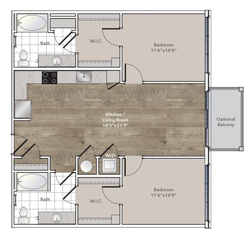 Floor plan for 2 beds, 2 baths, 1325 sqft